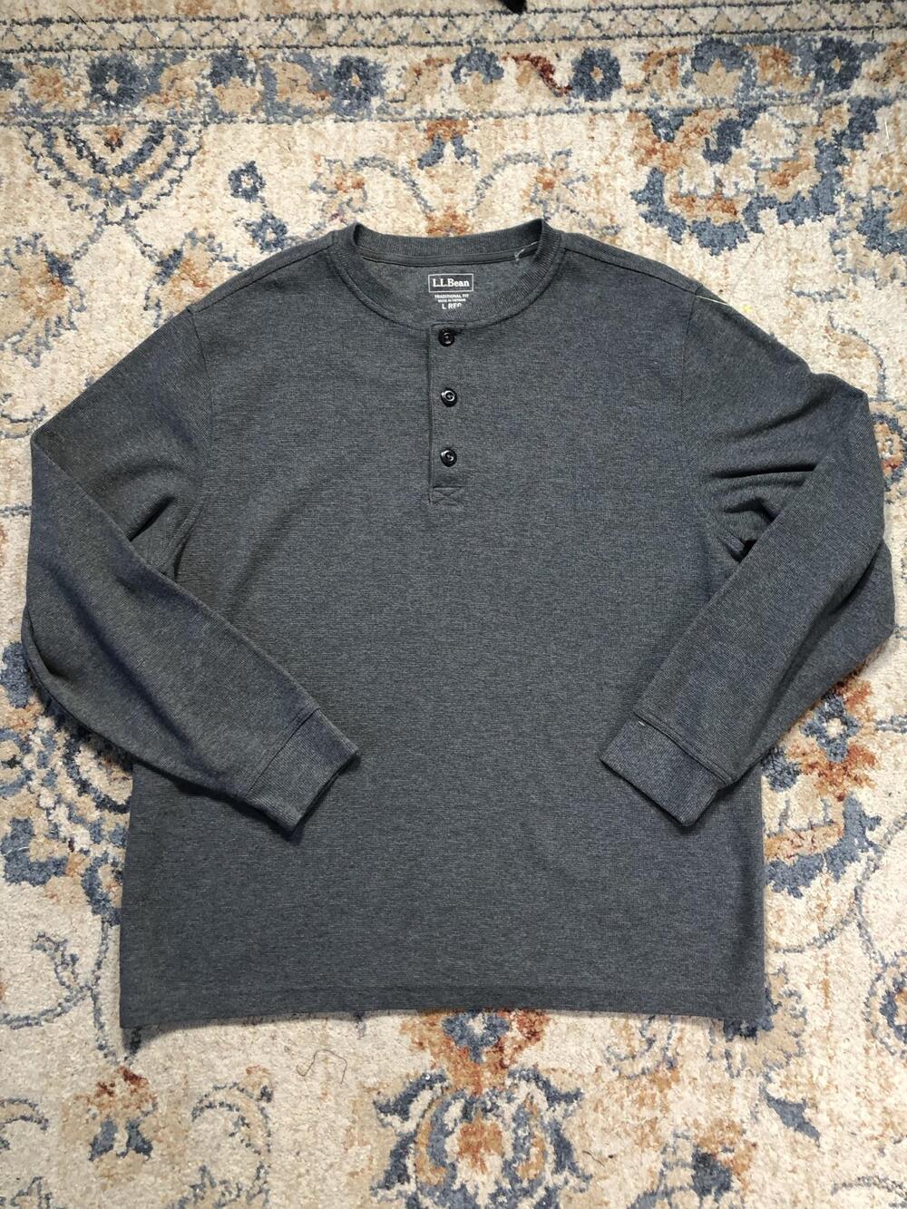 L.L.Bean Henley Shirt Mens Large Gray Long Sleeve Thermal Tee Tagless Knit